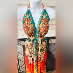 Embellished Jewel Print Hi-Low Halter Maxi Dress Medium
